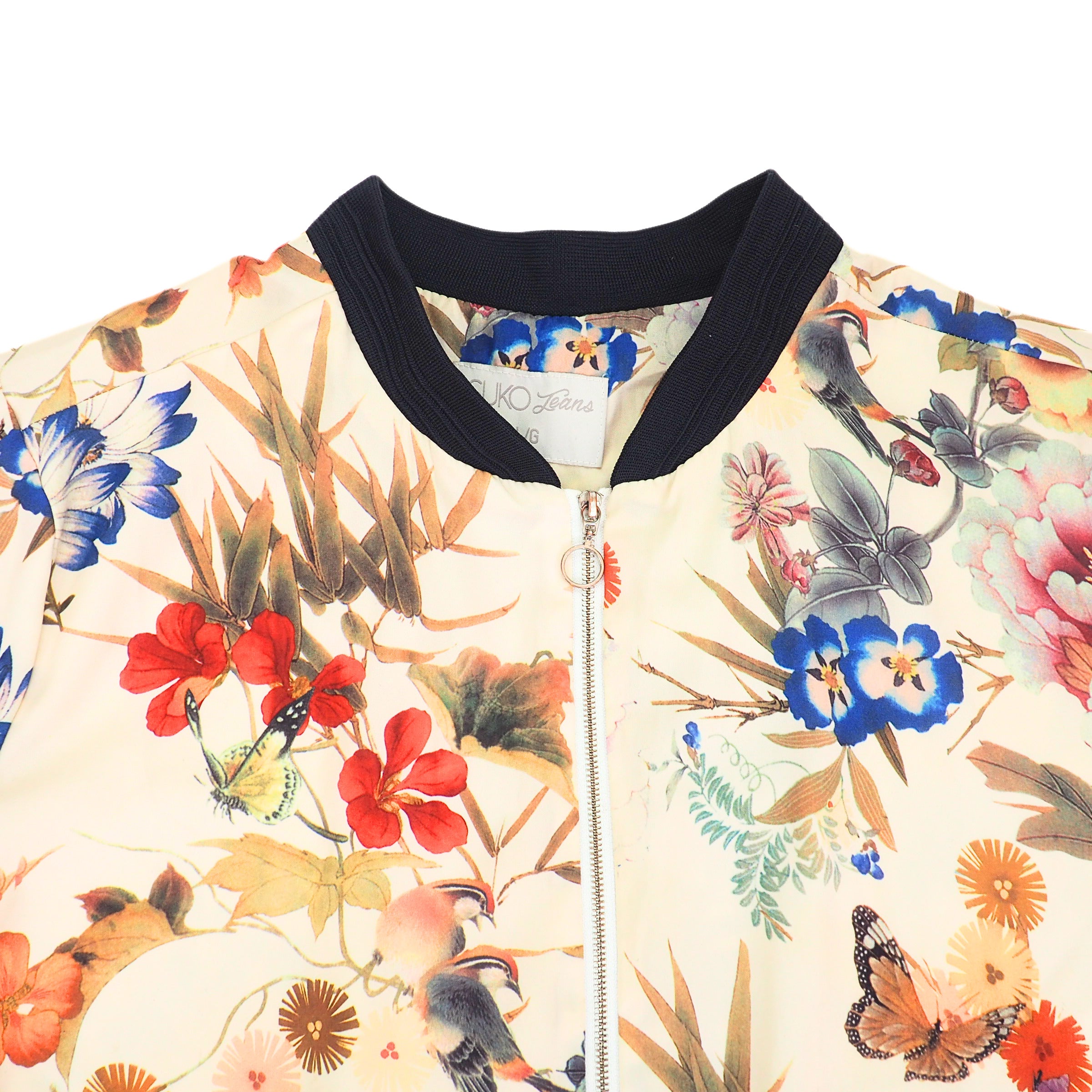 Suko Jeans Satin Bomber Jacket Floral Bird Butterfly Print Large