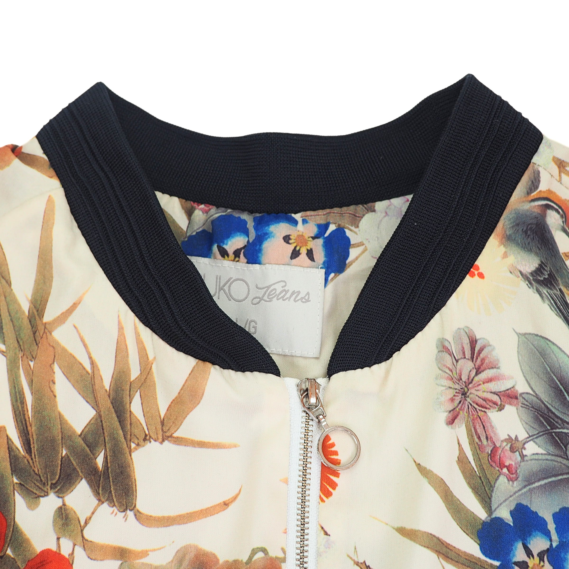 Suko Jeans Satin Bomber Jacket Floral Bird Butterfly Print Large