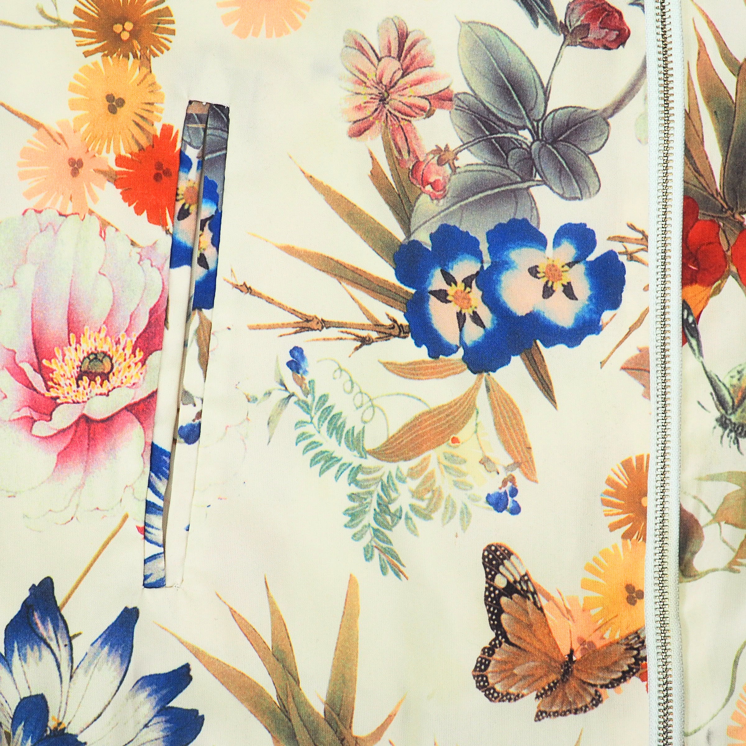 Suko Jeans Satin Bomber Jacket Floral Bird Butterfly Print Large