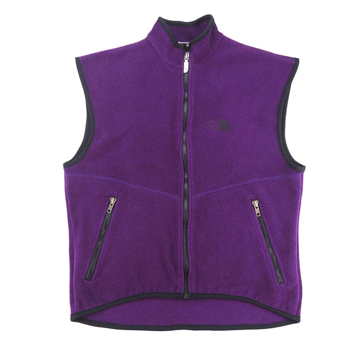 Lay flat image of a vintage The North Face fleece vest in purple with black trim on a white background.