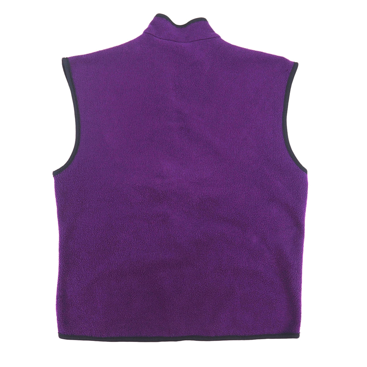 Back view of a purple fleece vest with black trim layed flat on a white background.