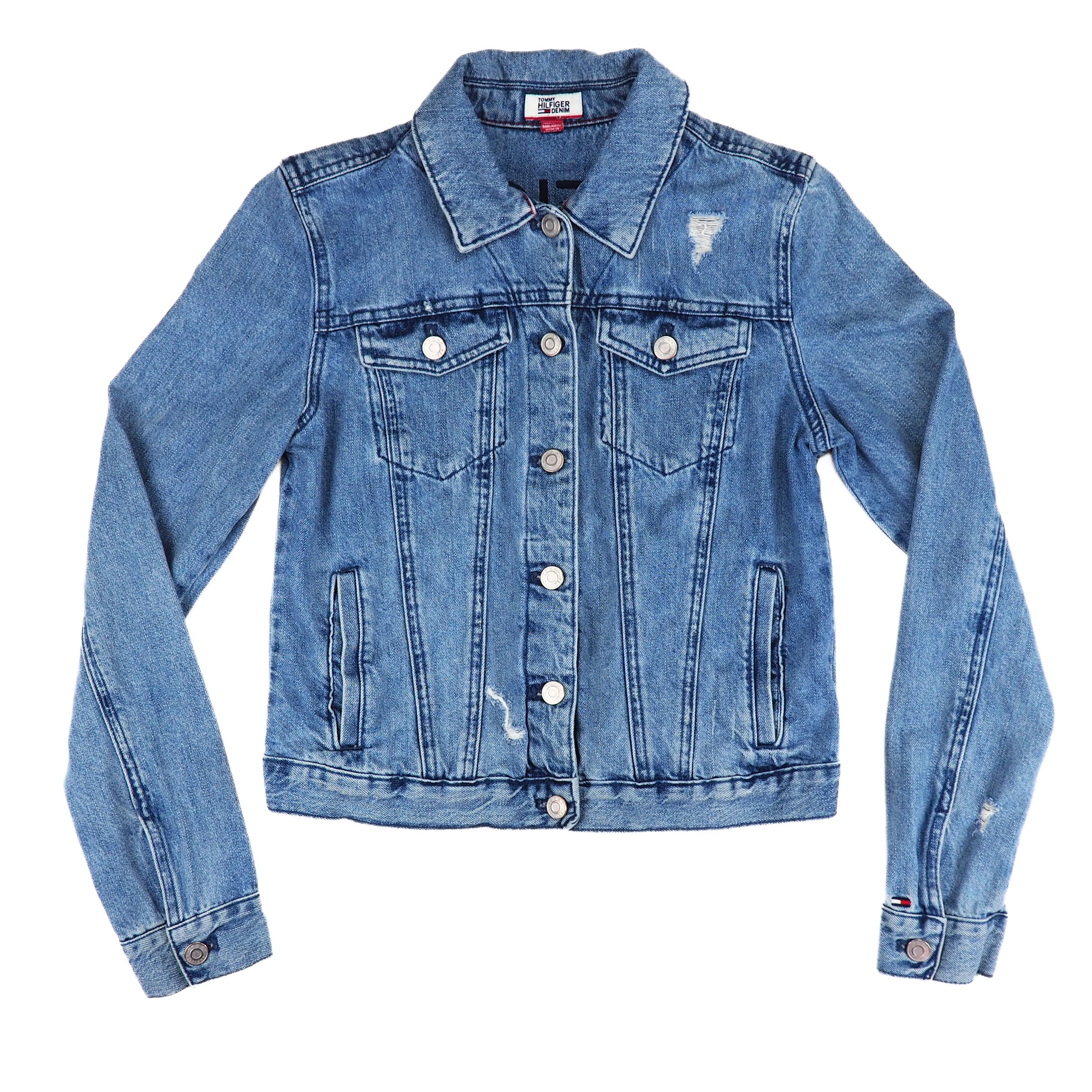 Blue Tommy Hilfiger denim jean jacket on a white background