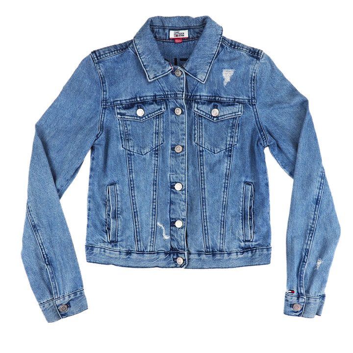 Blue Tommy Hilfiger denim jean jacket on a white background