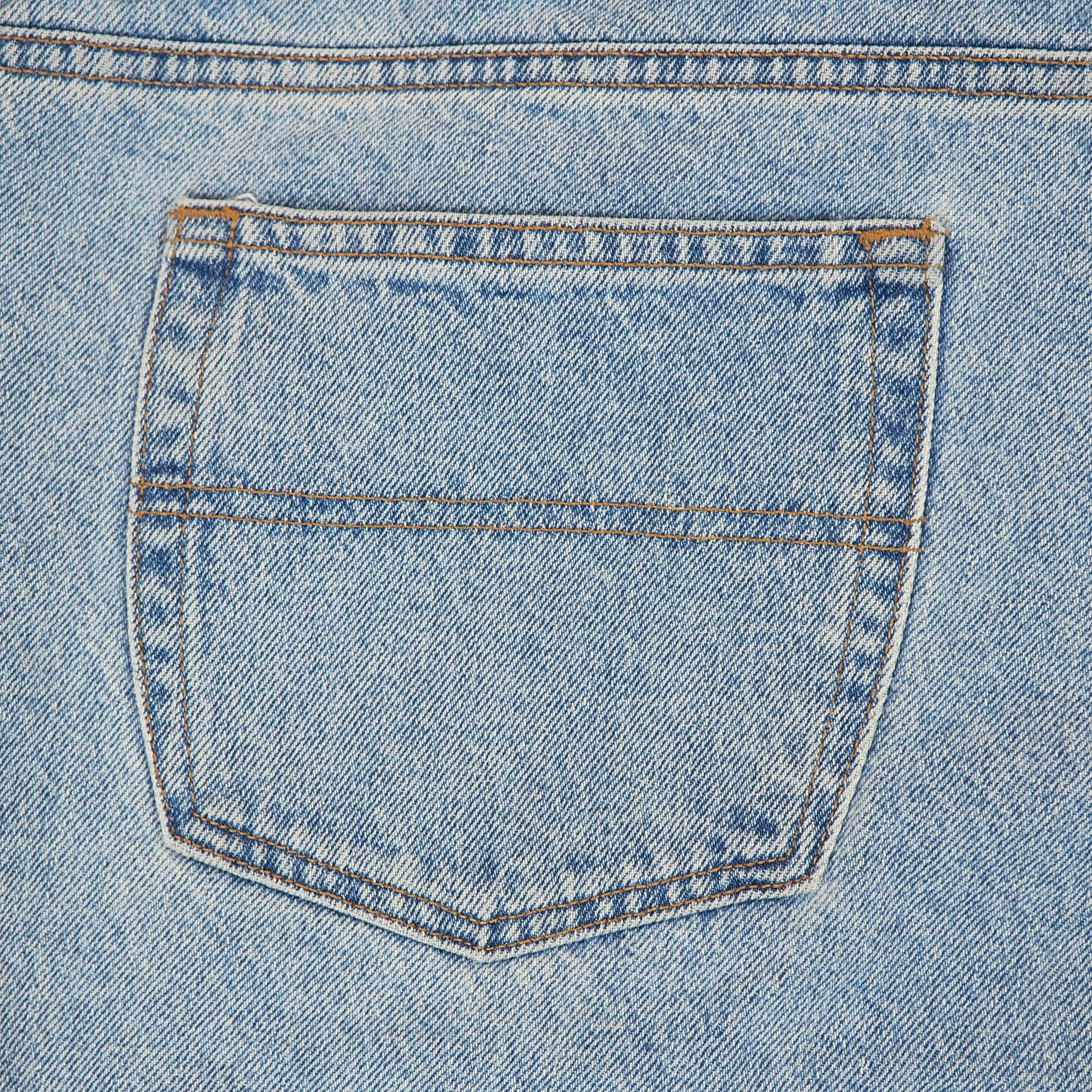 Close-up of a blue denim jean pocket with stitching details