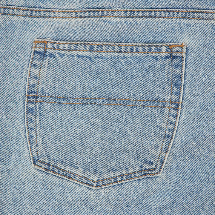 Close-up of a blue denim jean pocket with stitching details
