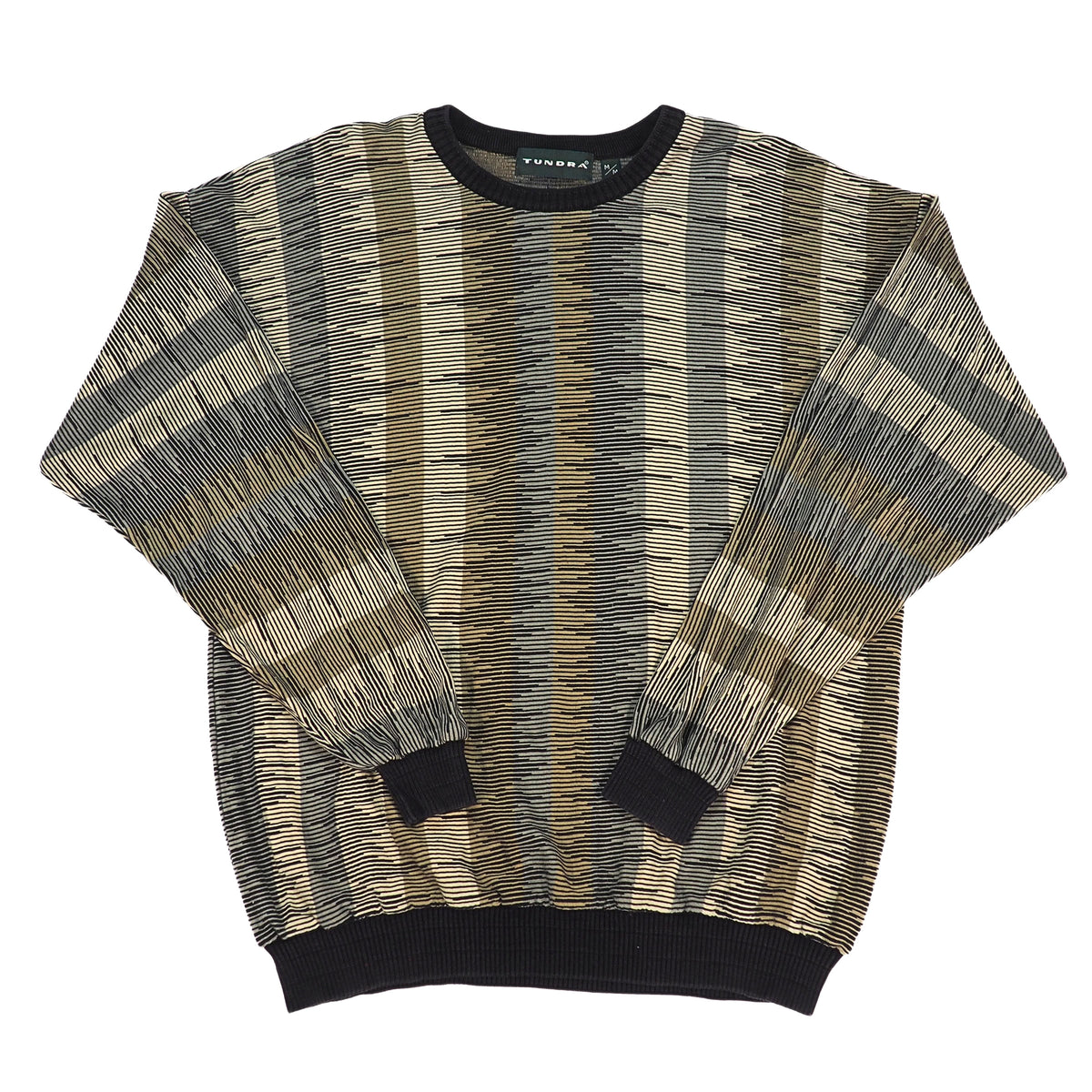 A long-sleeve knit crewneck sweater with a textured, horizontal striped pattern in beige, brown, gray, and black, featuring solid black ribbed trim at the collar, cuffs, and hem.
