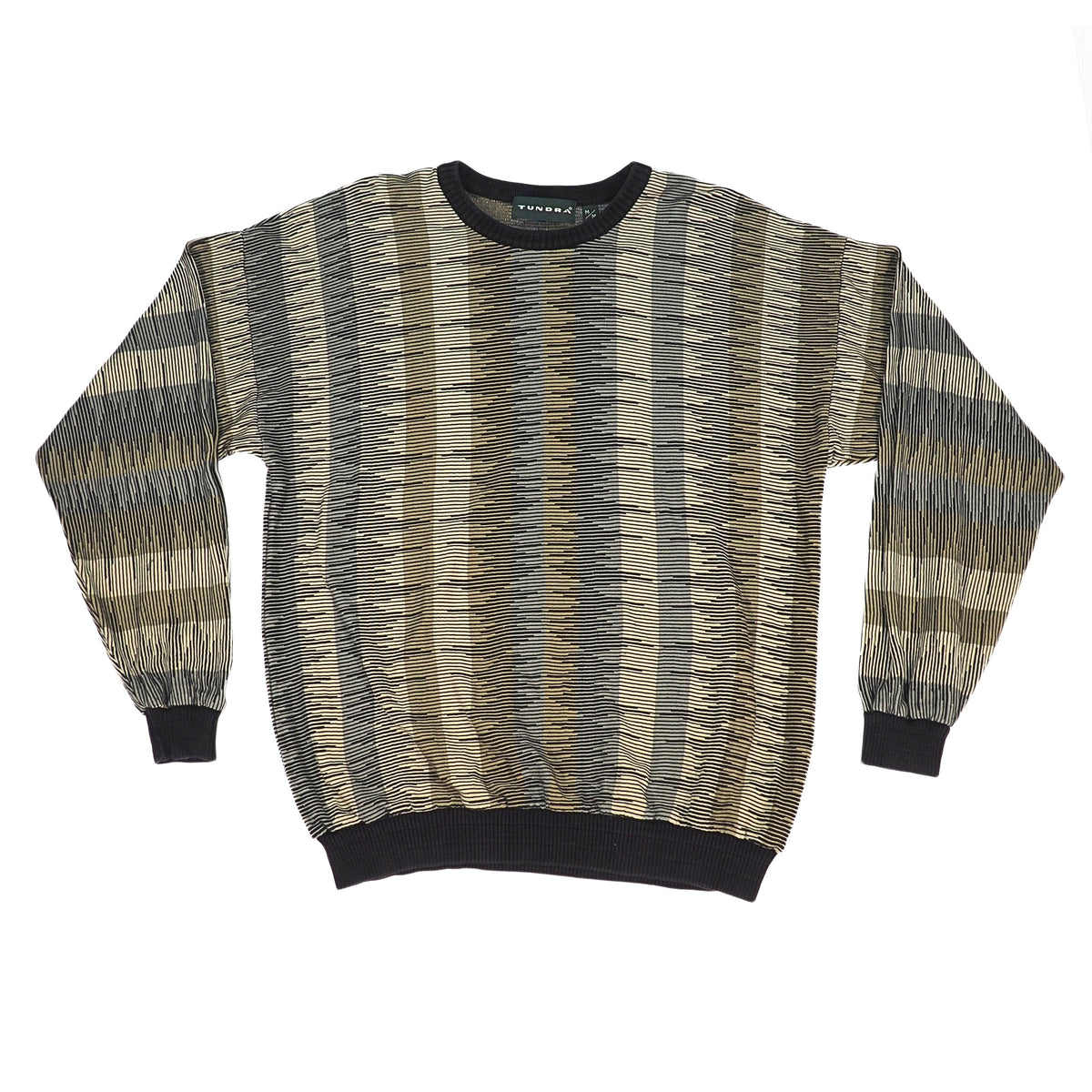 A long-sleeve crewneck sweater with a vertical striped pattern in olive green, beige, and gray, featuring solid black ribbed trim at the collar, cuffs, and hem.
