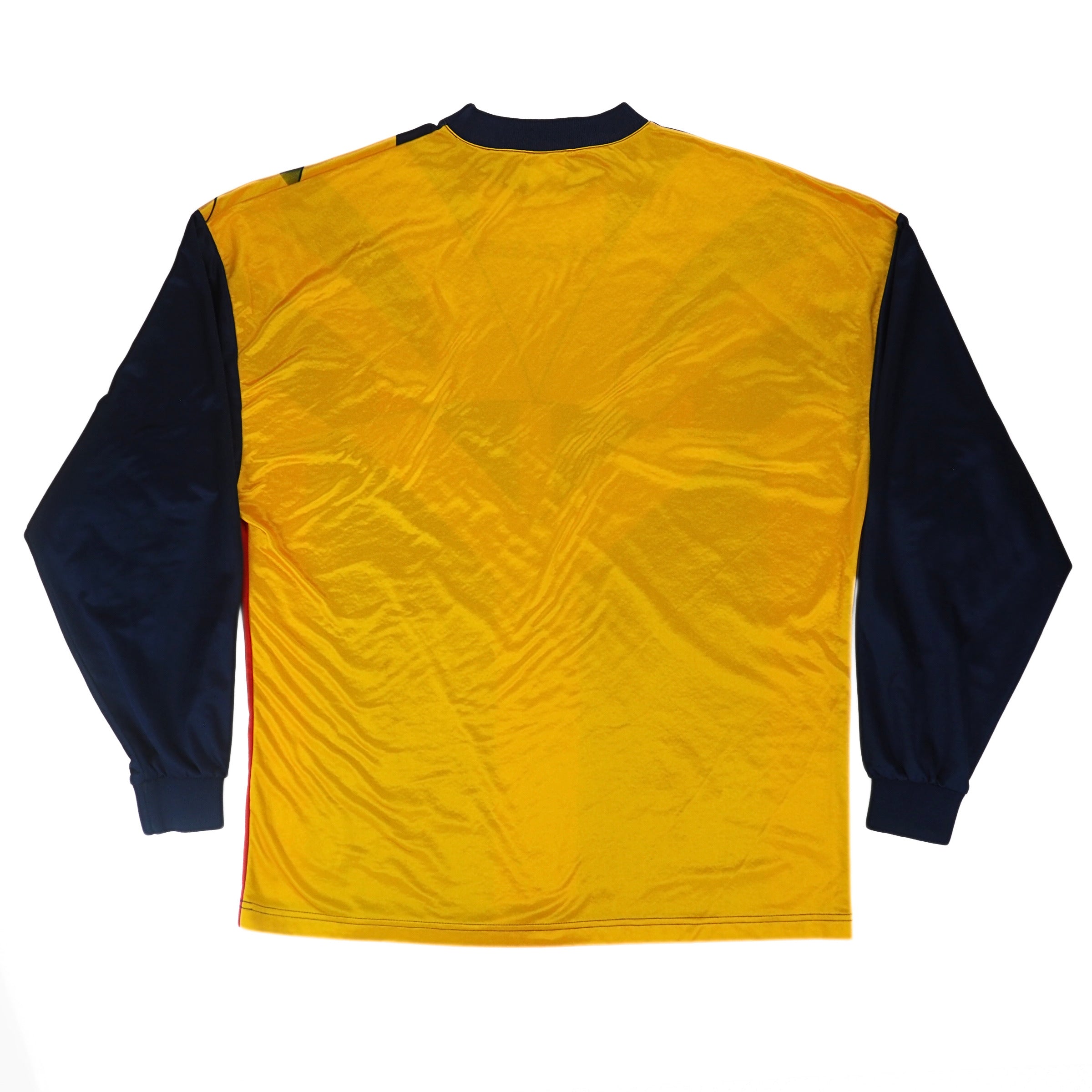 Back view of a yellow goalkeeper jersey with navy sleeves