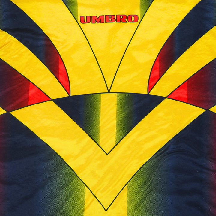Detail of an umbro soccer goalie jersey with colourful geometric pattern