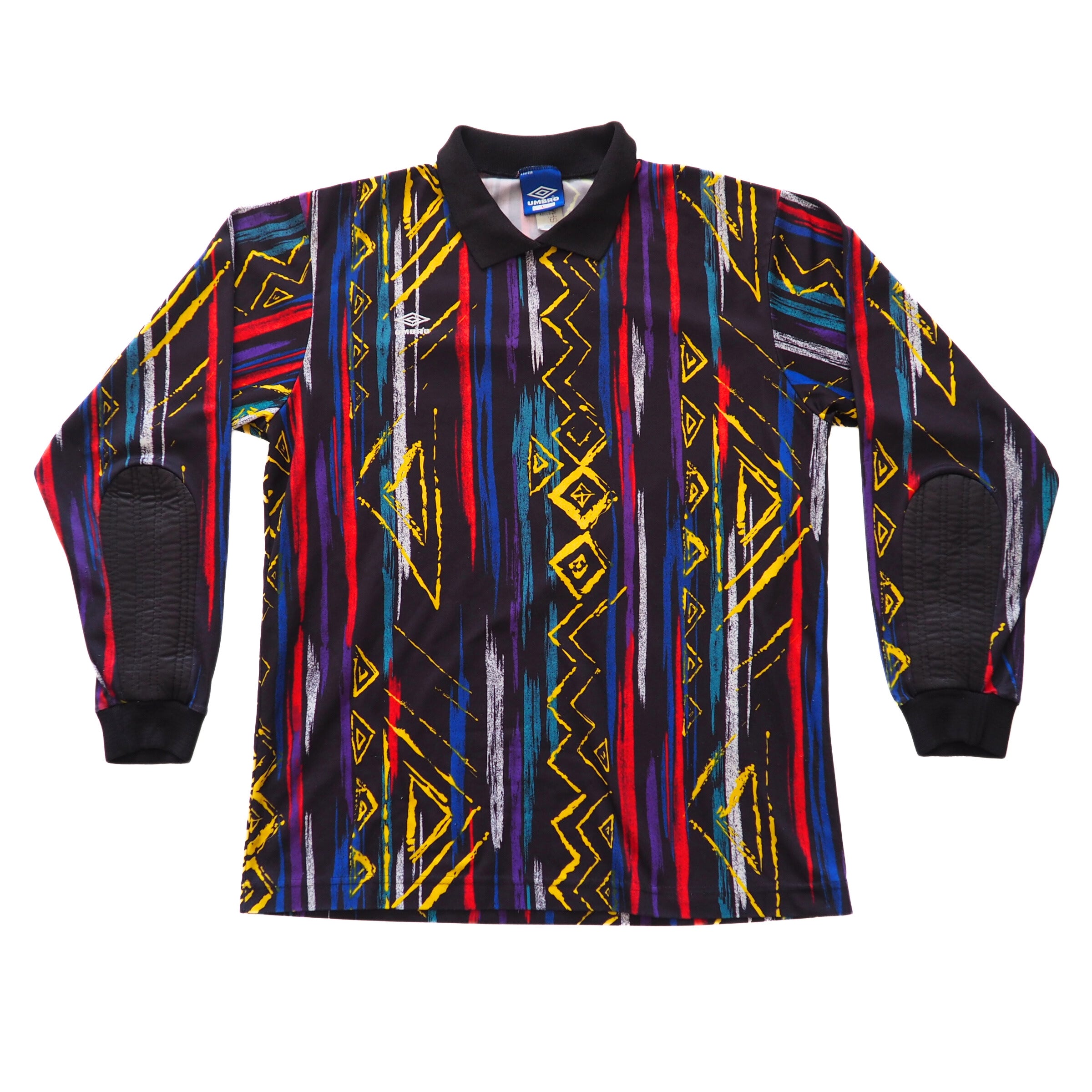 Colorful patterned vintage Umbro Goalkeepers jersey with long sleeves on a white background