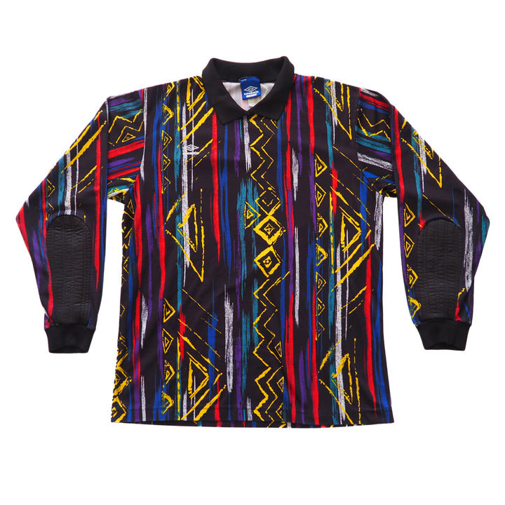 Colorful patterned vintage Umbro Goalkeepers jersey with long sleeves on a white background