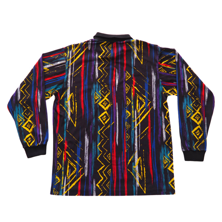 Back view of a vintage Umbro soccer goalkeeper jersey with colourful geometric design on a white background