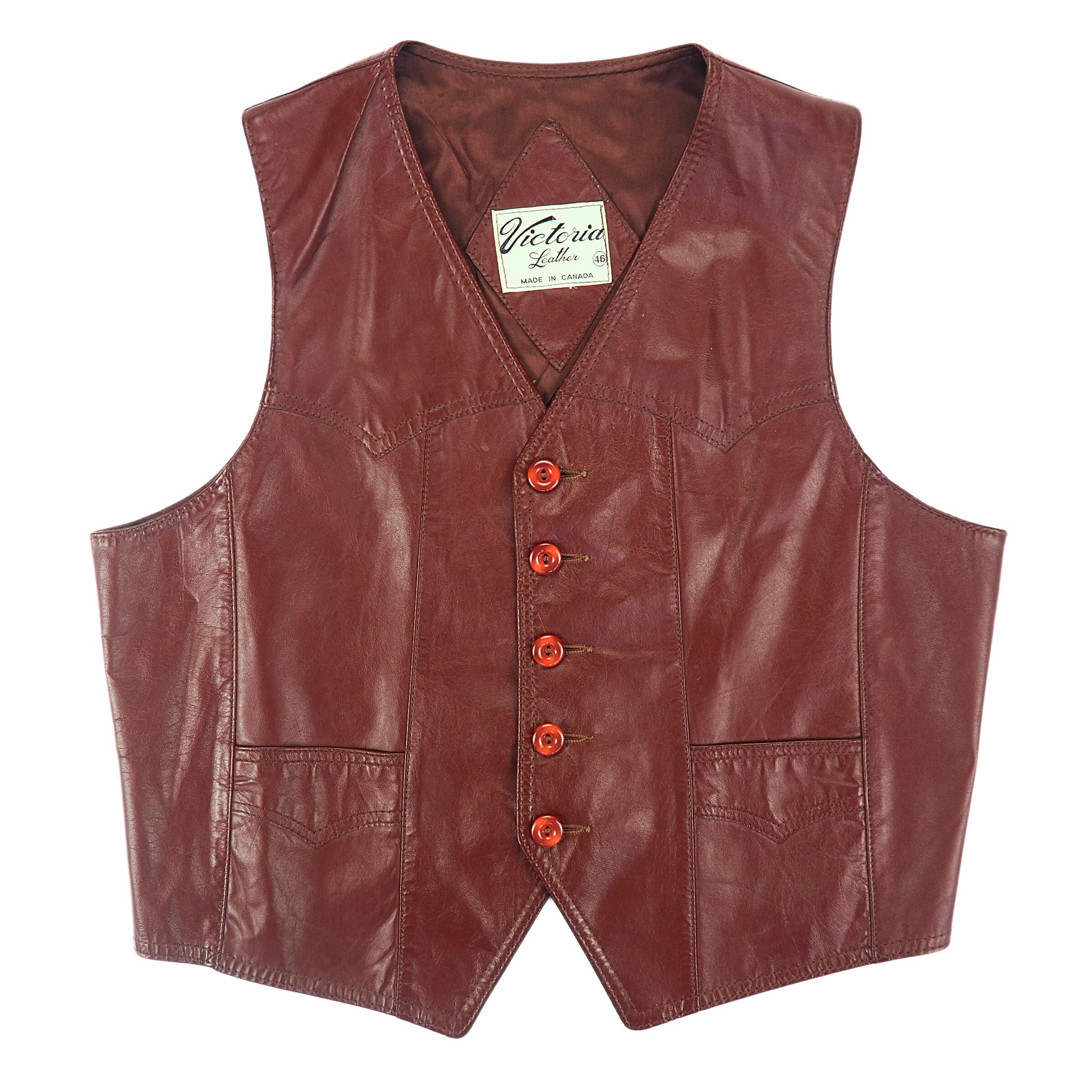 Brown Leather waistcoat with visible brand tag 'Victoria Leather'