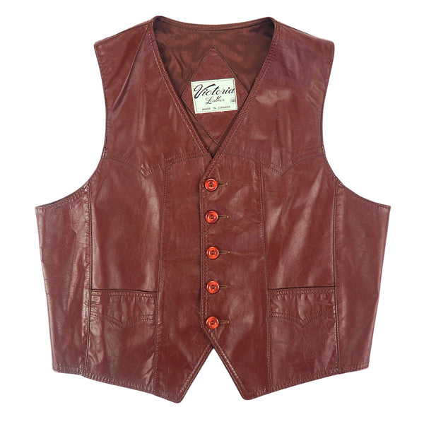 Brown Leather waistcoat with visible brand tag 'Victoria Leather'