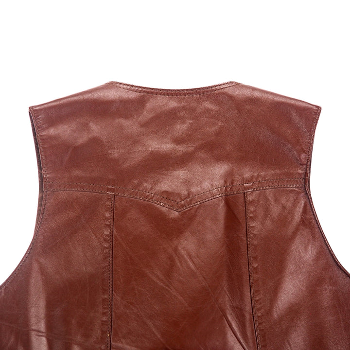 Back view focusing on the shoulder area of a brown leather waistcoat.