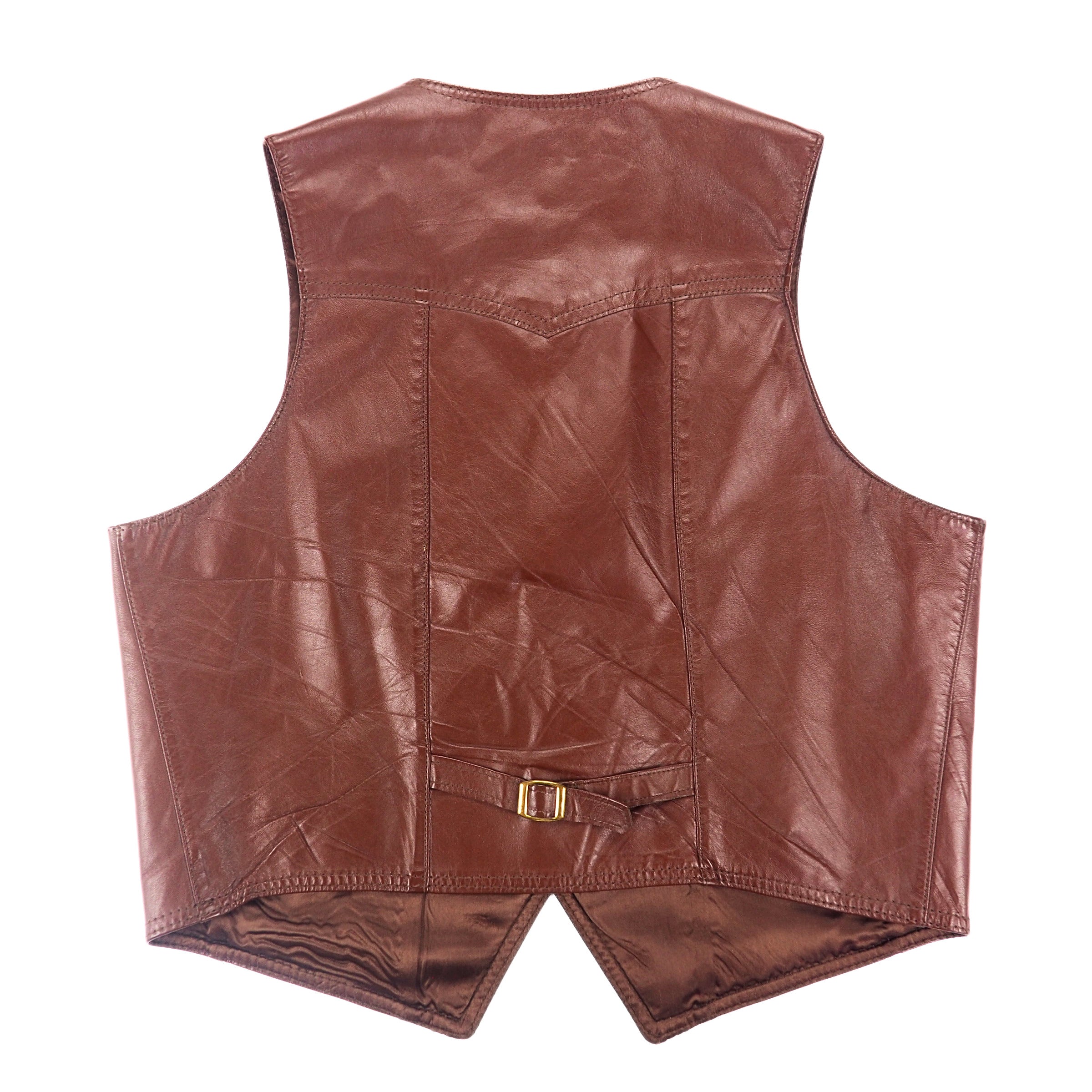 Back view of a vintage brown leather waistcoat with a brass buckle and strap.