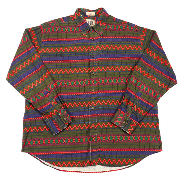 Why This 90s Geometric Print Flannel Shirt Olive Purple Red