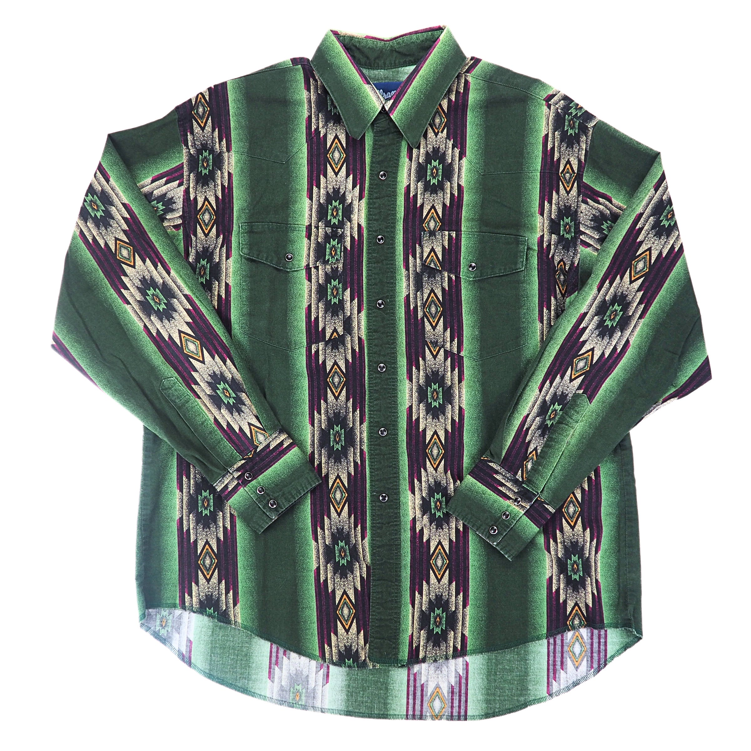 Front view of a western style shirt with arms folded across the body.