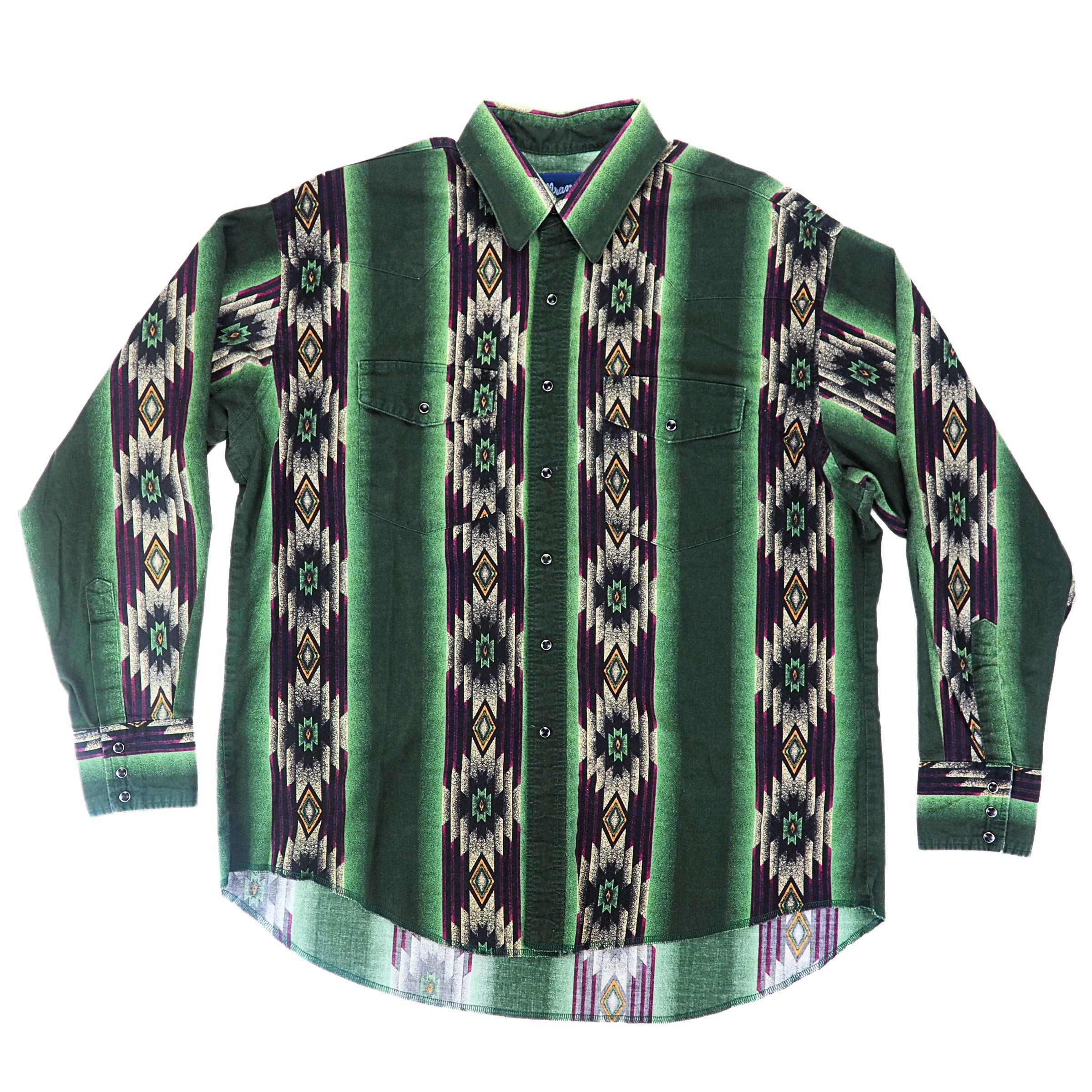 Front view of a western style shirt with geometric print in green, purple and white.