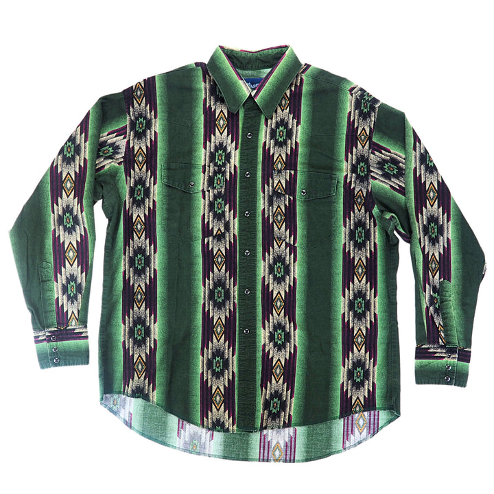 Front view of a western style shirt with geometric print in green, purple and white.