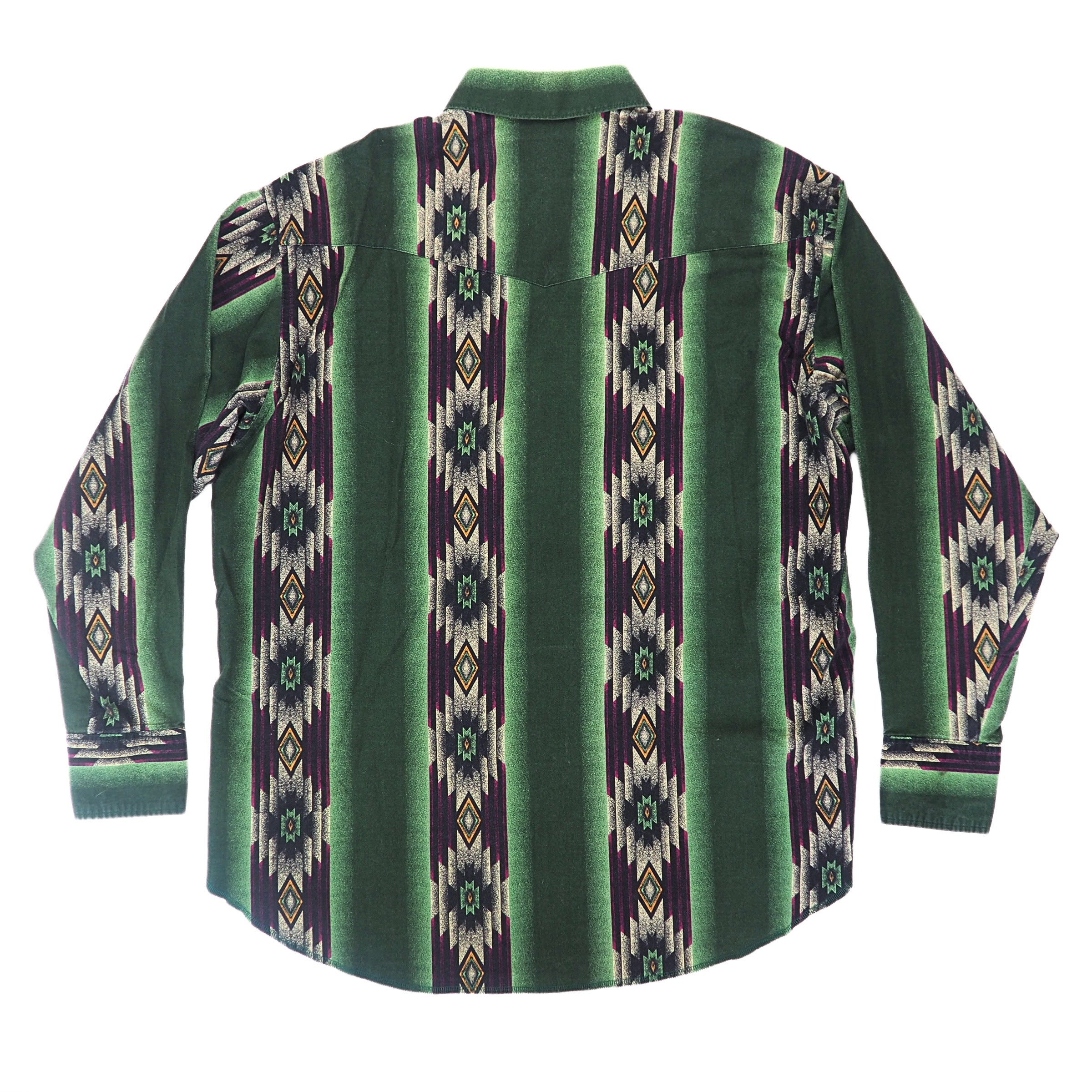 Back view of a western style shirt with geometric aztec pattern.