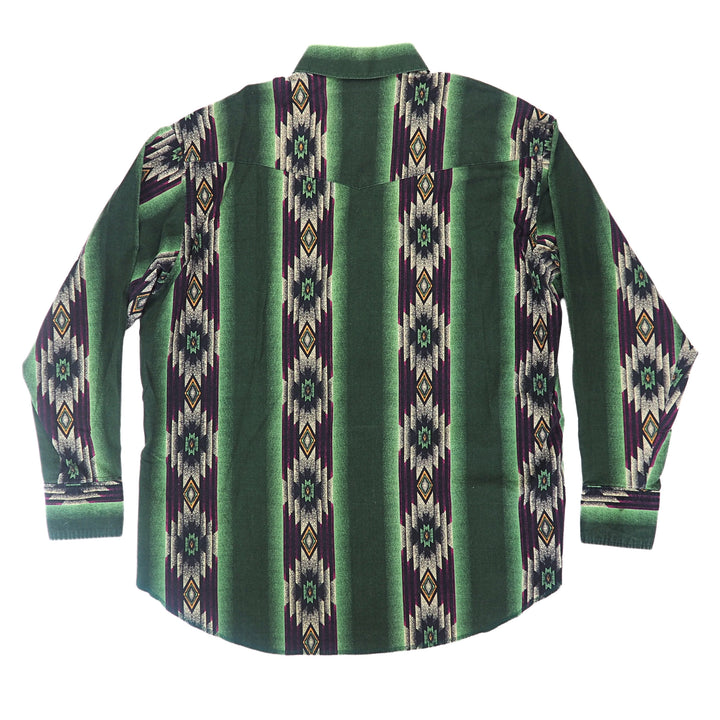 Back view of a western style shirt with geometric aztec pattern.