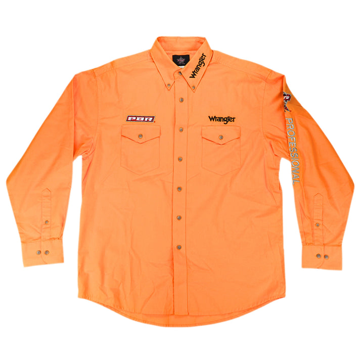 Front view of yellow wrangler western shirt with embroidered details