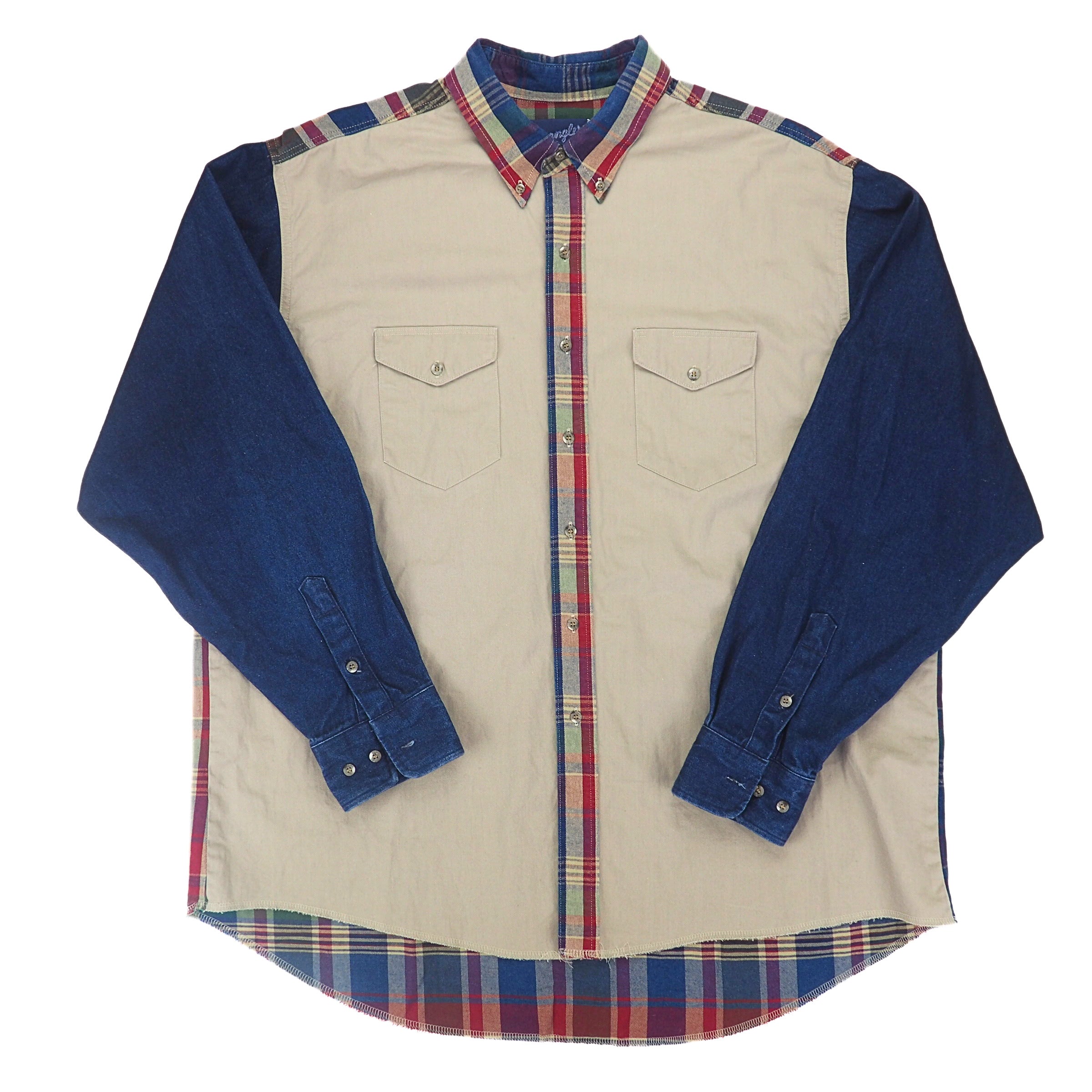Front view of a beige shirt with denim sleeves and plaid trim.