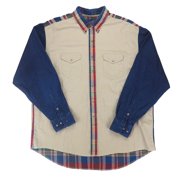 Front view of a beige shirt with denim sleeves and plaid trim.