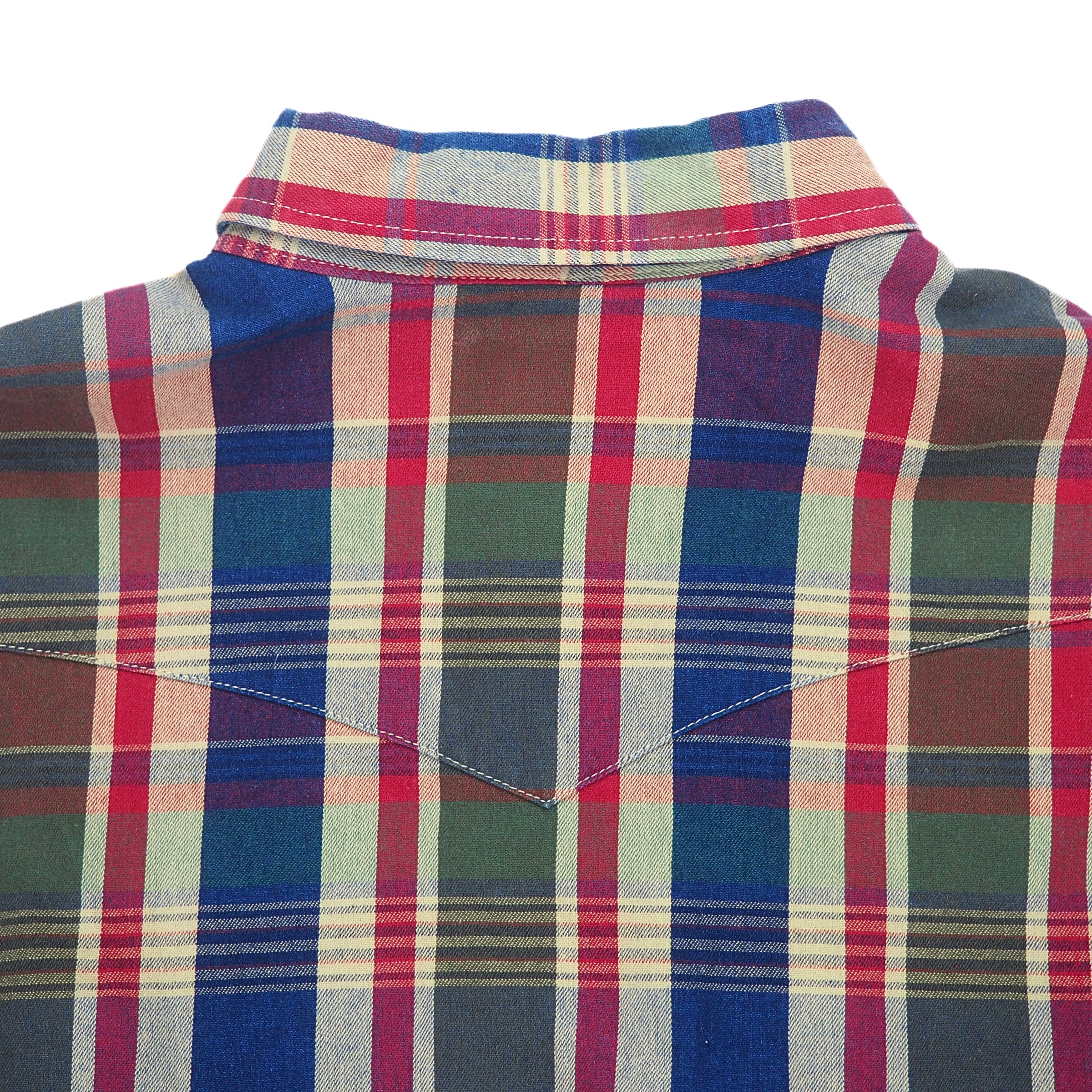 Close up of the back collar of a plaid shirt.