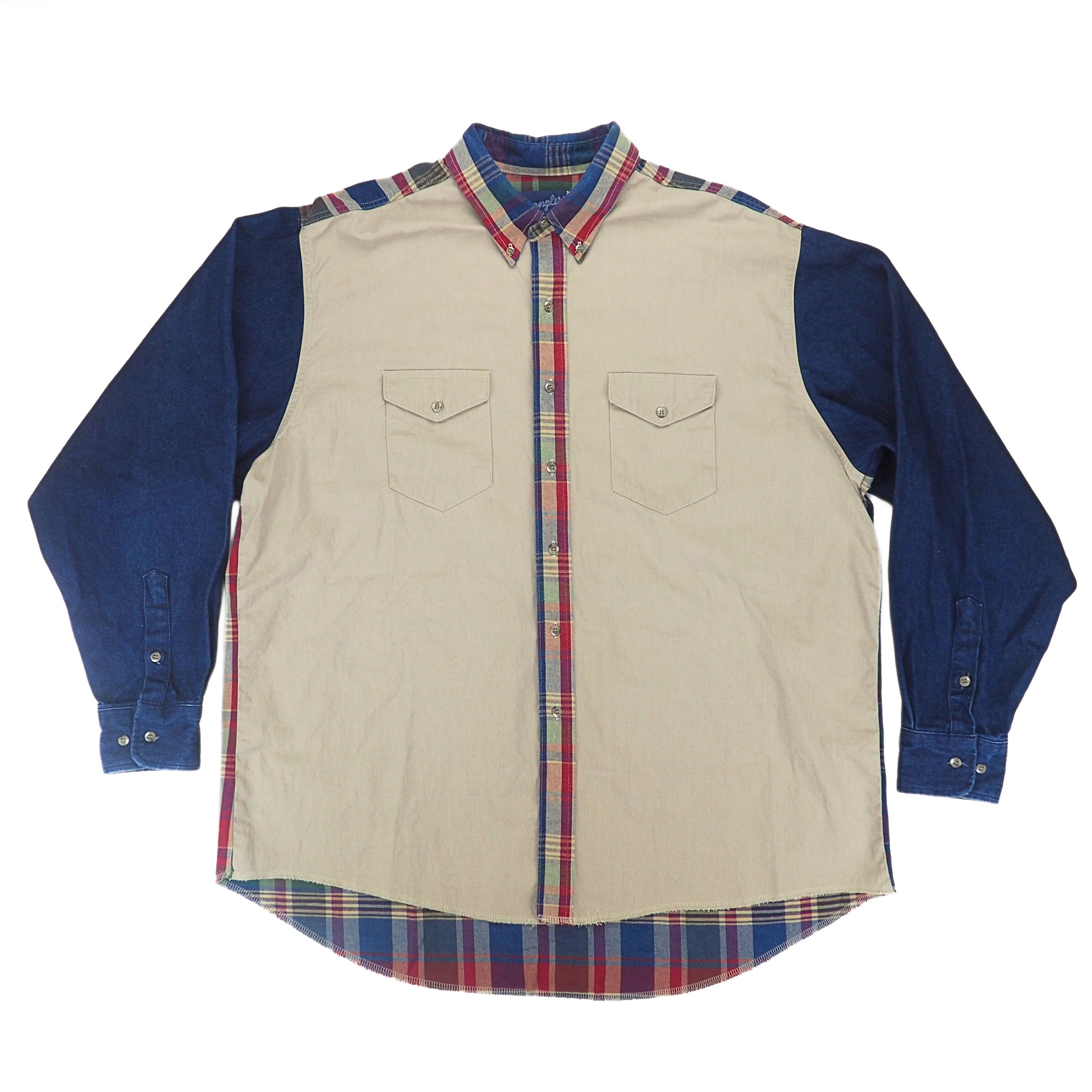 Front view of a khaki colored shirt with denim sleeves and plaid trim.