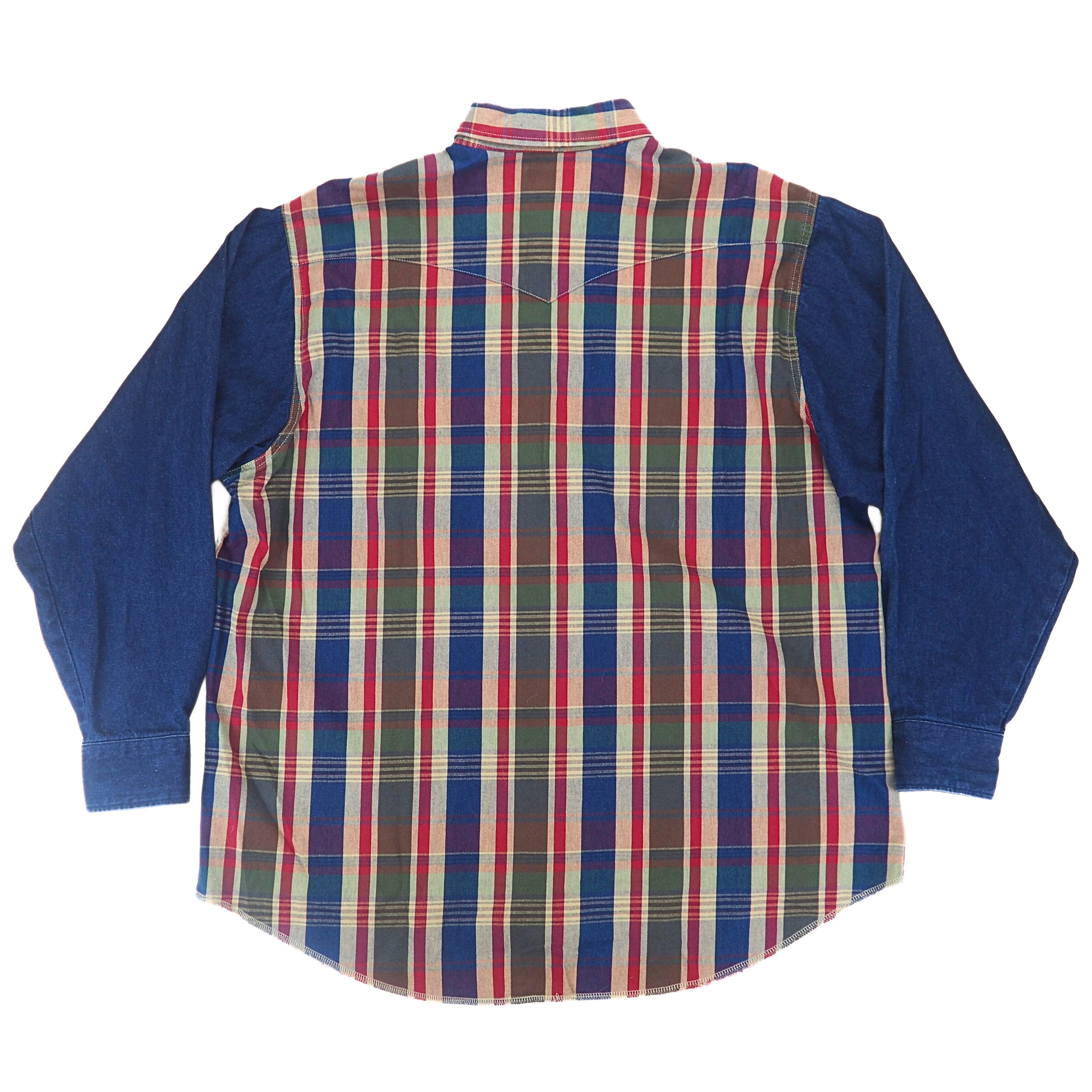 Back view of a collared shirt with denim sleeves and a plaid pattern on the body.