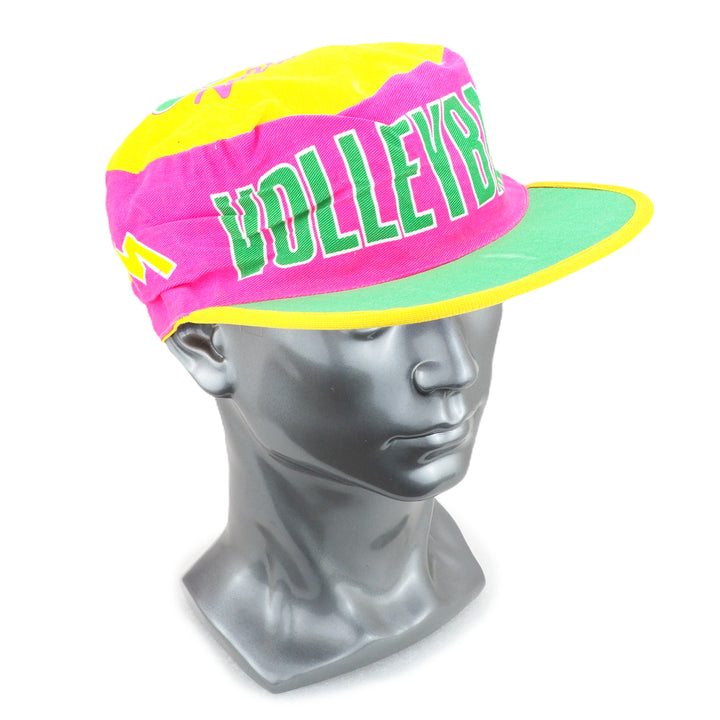 Colorful cap with 'Volleyball' text on a mannequin head against a white background