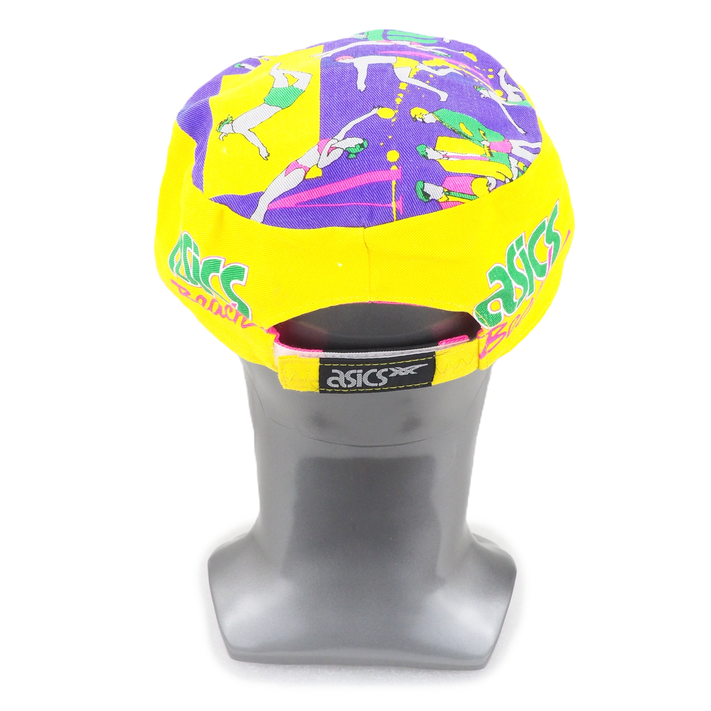 Colorful Asics cap on a mannequin head with a white background