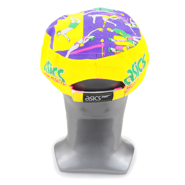 Colorful Asics cap on a mannequin head with a white background