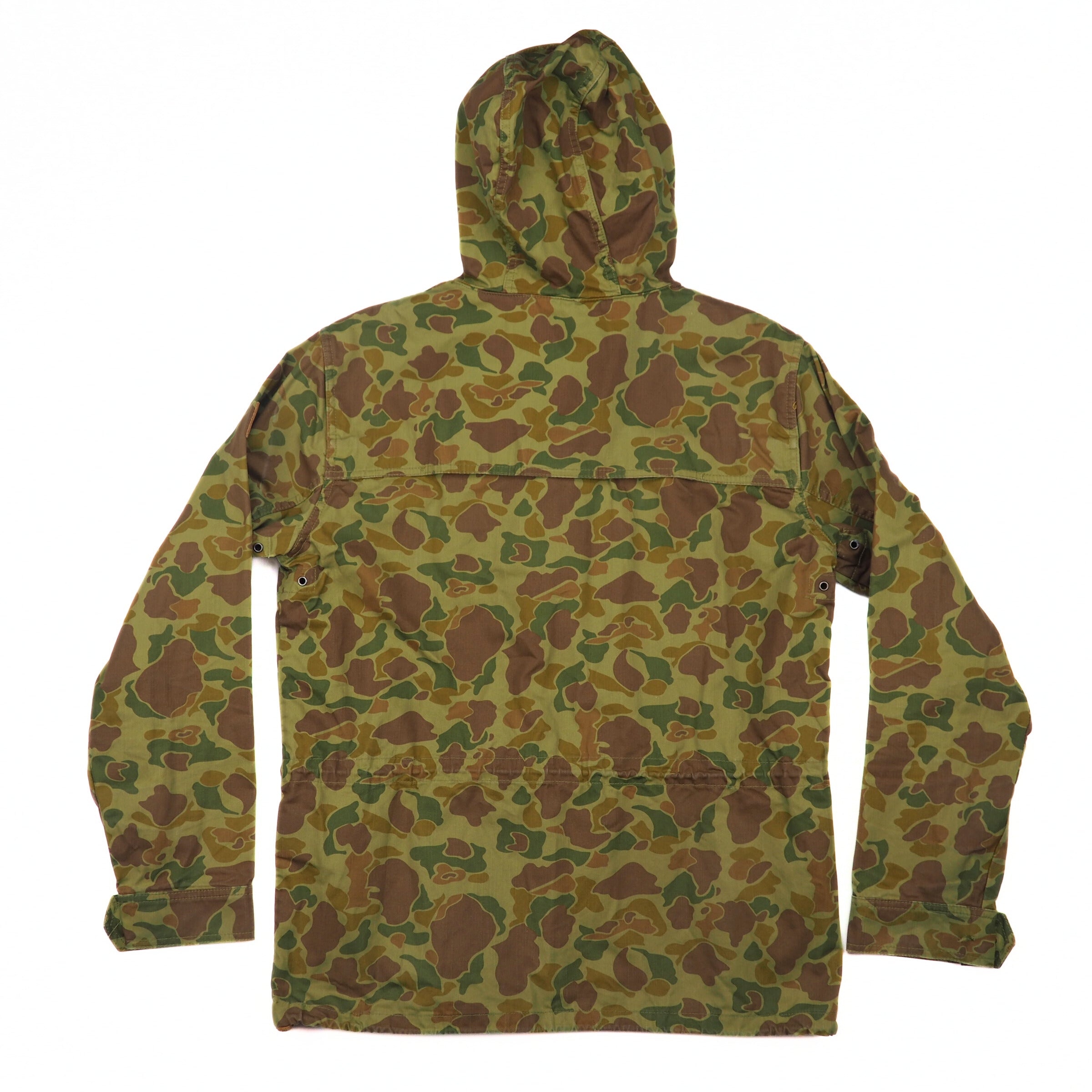 Back view of a green and brown camouflage-patterned jacket on a white background