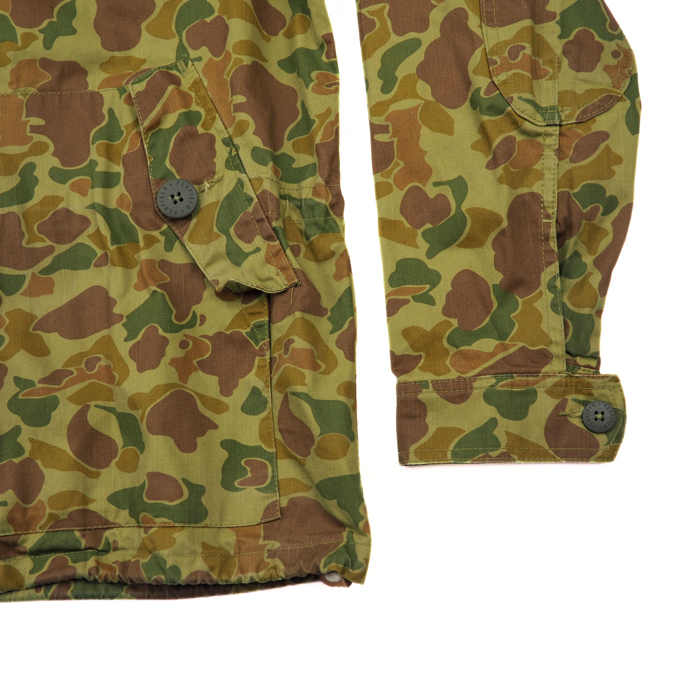 Camouflage-patterned jacket sleeve and body with pocket and button details on a white background