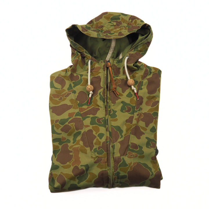 Camouflage-patterned hooded jacket on a white background