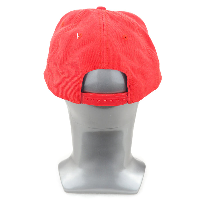 Red cap on a gray mannequin head against a white background
