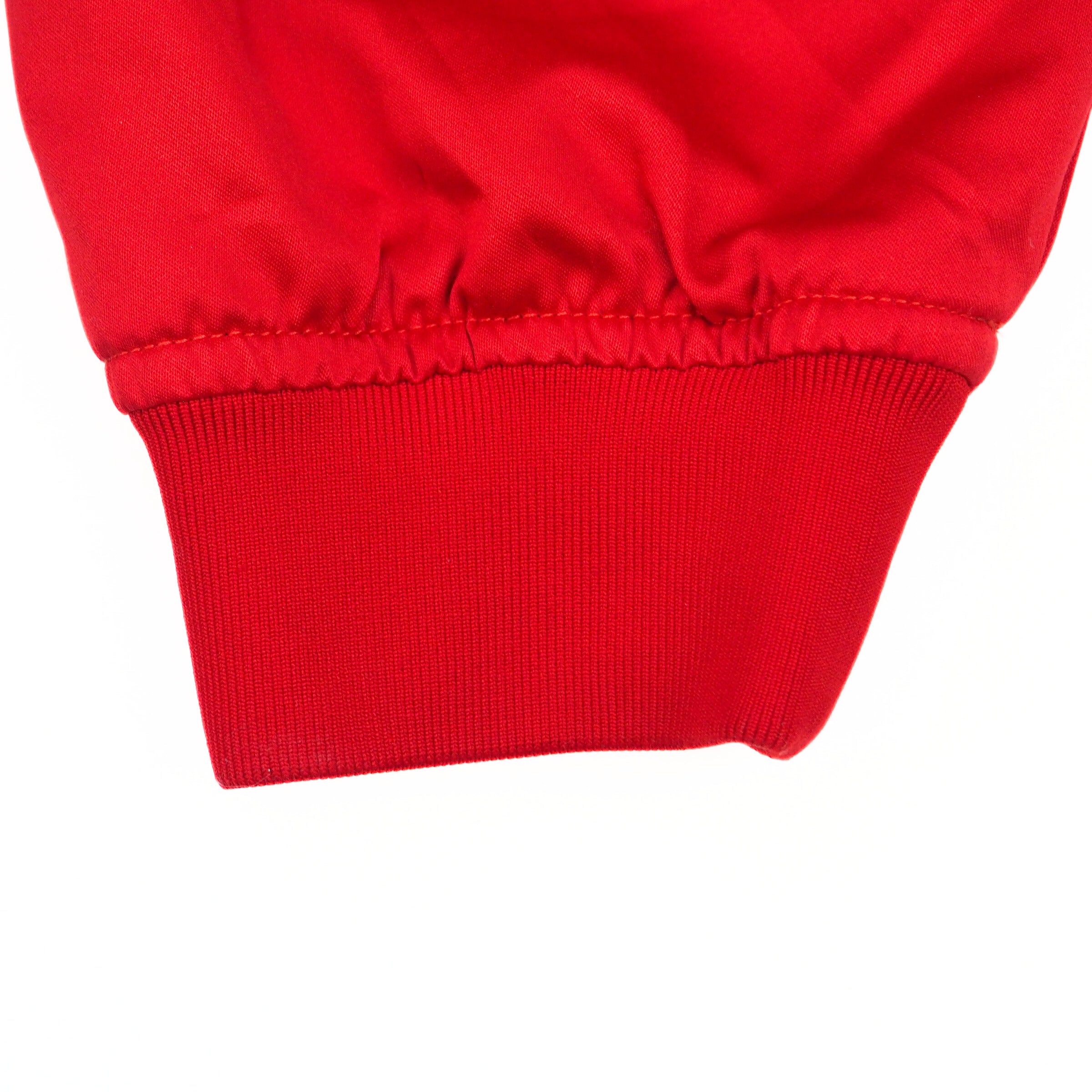 Close-up of a red jacket sleeve cuff on a white background
