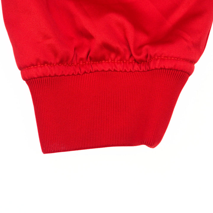 Close-up of a red jacket sleeve cuff on a white background