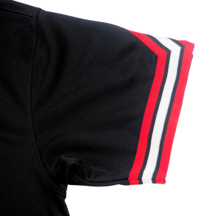 Black sleeve with red and white stripes on a white background