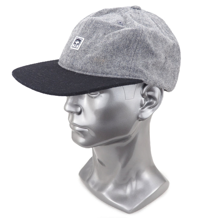 Gray and black cap on a silver mannequin head against a white background
